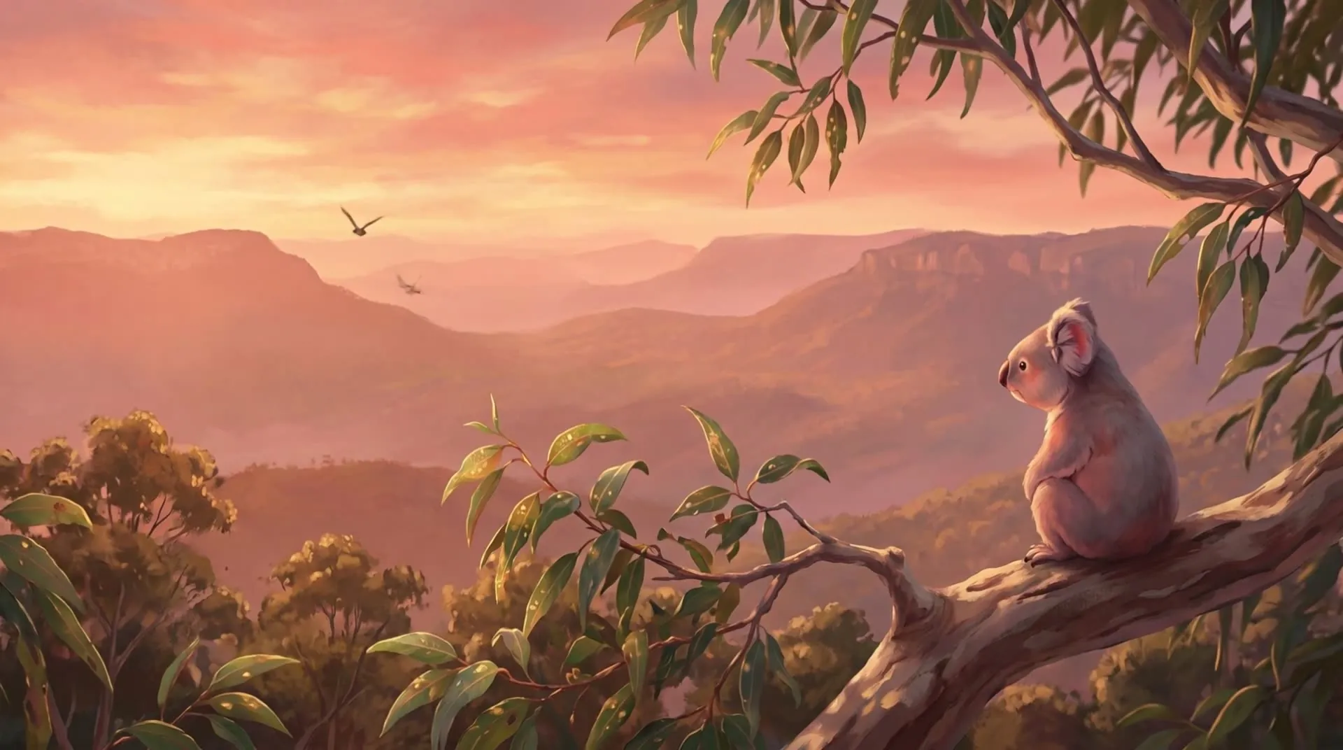 Animated illustration of a koala resting on a eucalyptus branch at sunset, overlooking a misty Australian bushland valley